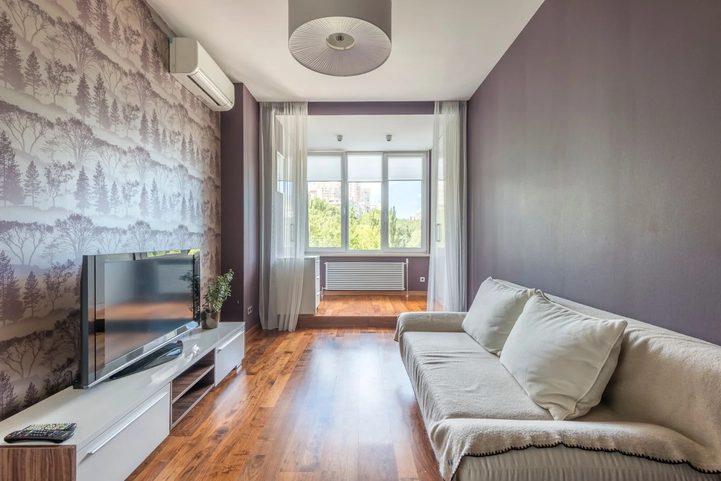 Furnished living room with a sofa and television.