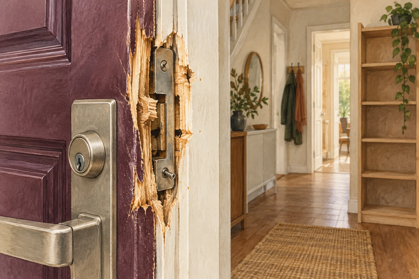Illustration of damaged wood around a front-door lock