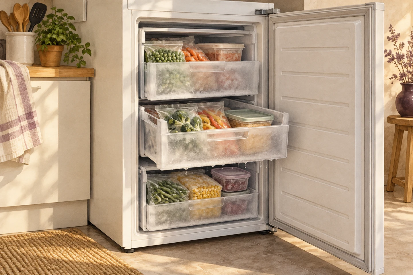 Illustration of an open household freezer with food in drawers