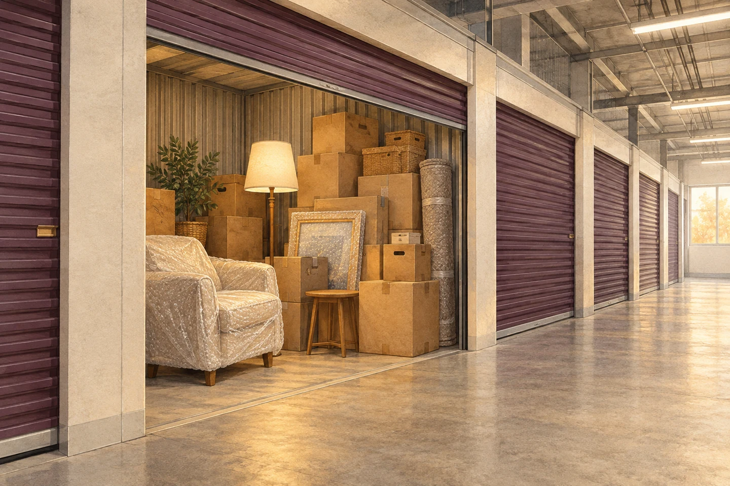 Illustration of moving boxes and wrapped furniture inside an external storage unit