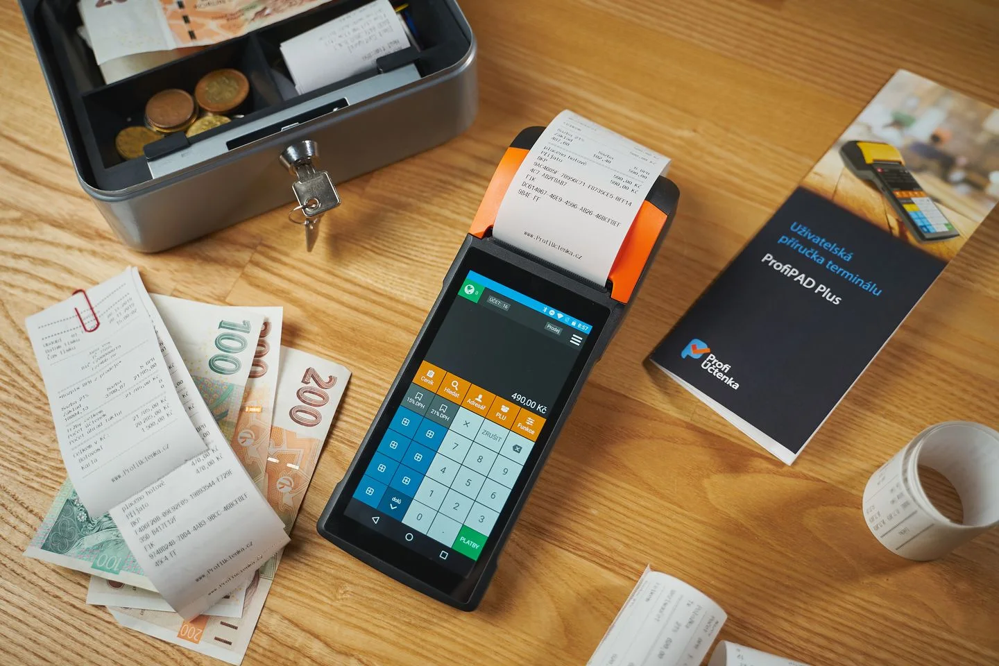 A receipt and payment equipment on a table