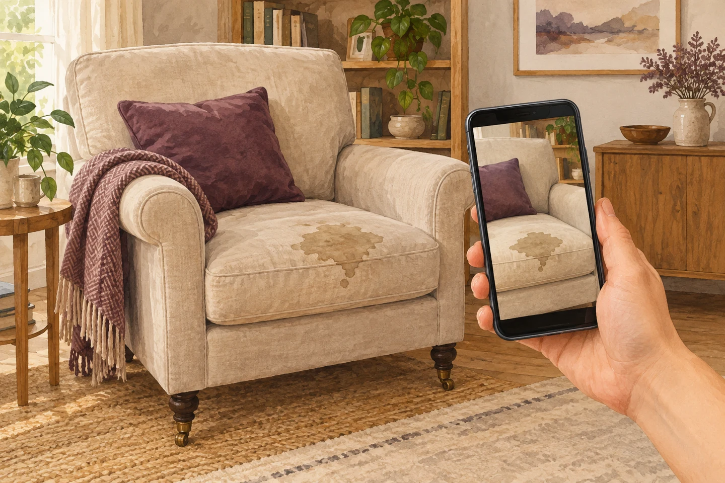 Illustration of a phone photographing a water stain on an armchair
